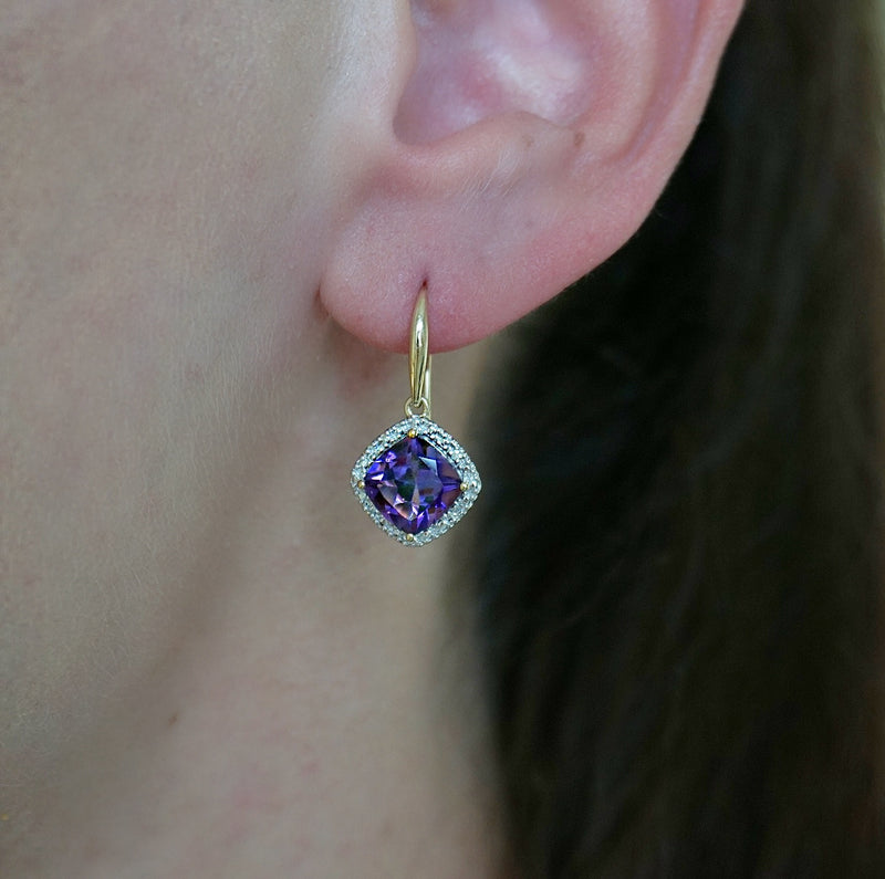 Amethyst & Diamond Halo Shepherd Hook Earrings