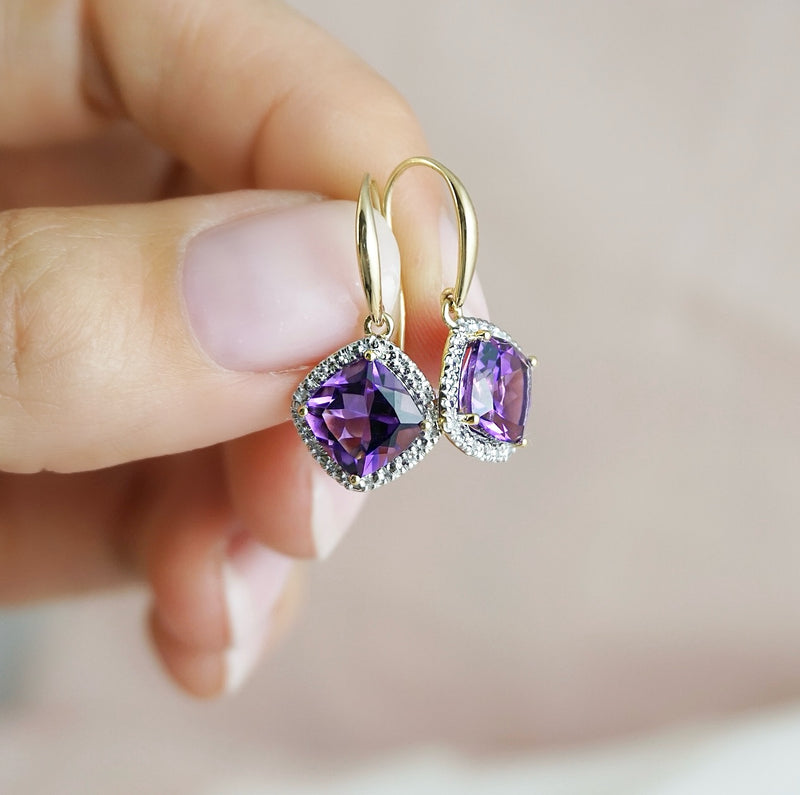 Amethyst & Diamond Halo Shepherd Hook Earrings