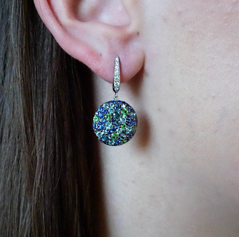 Tsavorite Garnet, Sapphire, Blue Topaz & Diamond Earrings