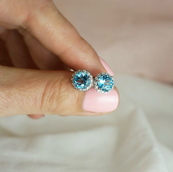 Blue Topaz & Diamond Fancy Halo Stud Earrings