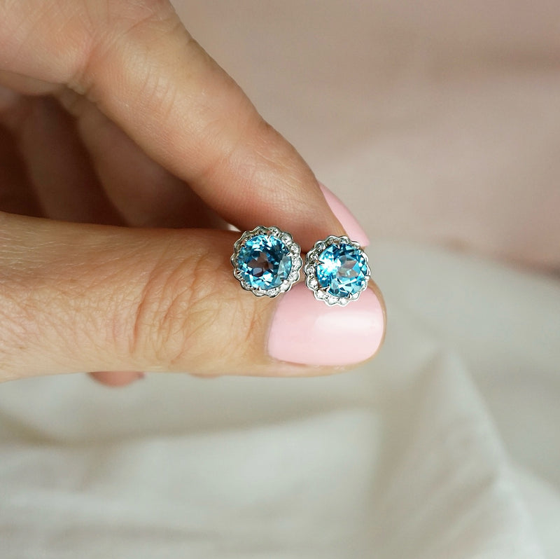 Blue Topaz & Diamond Fancy Halo Stud Earrings