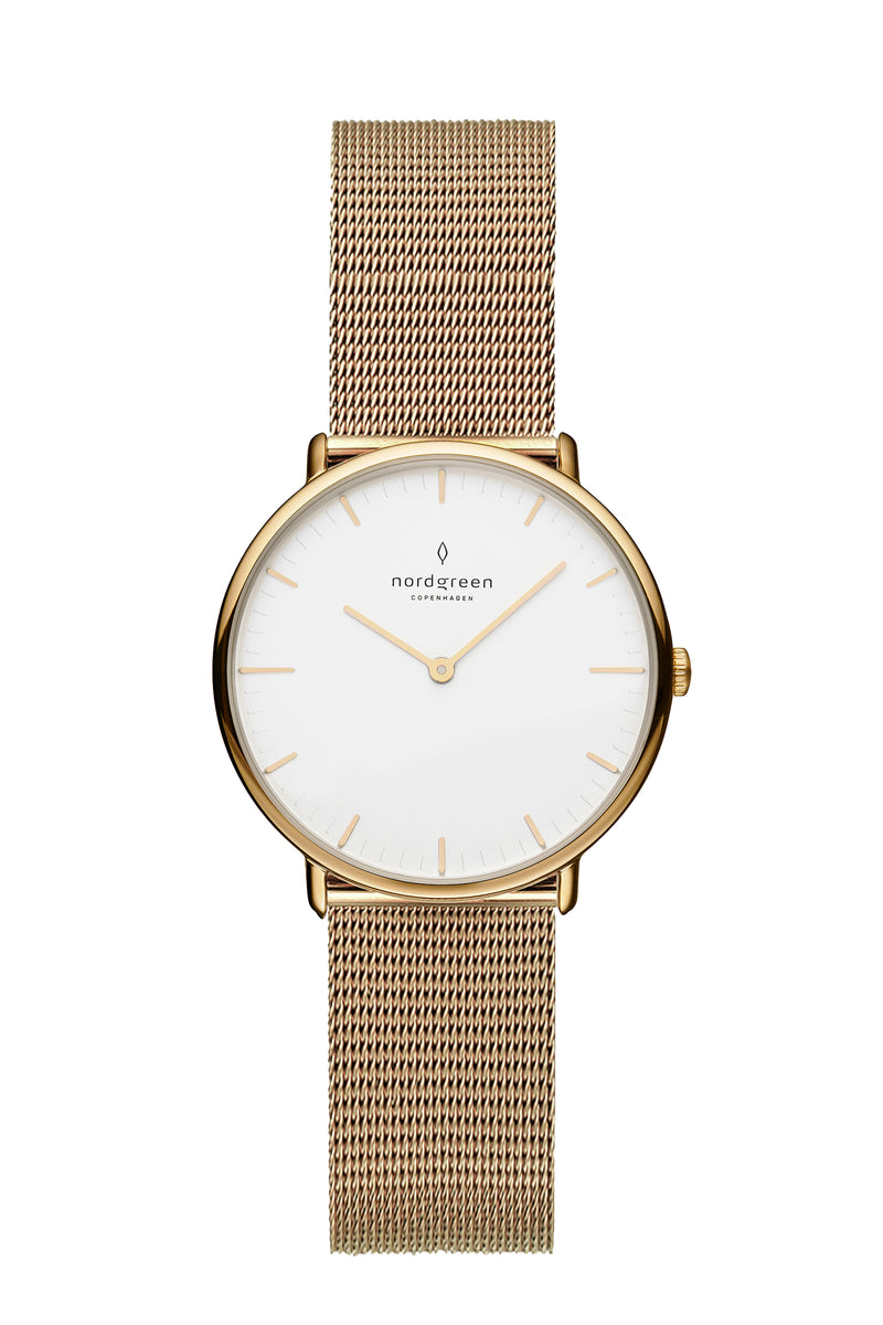 Nordgreen Native White 28mm Dial Gold Watch with Gold Mesh Strap