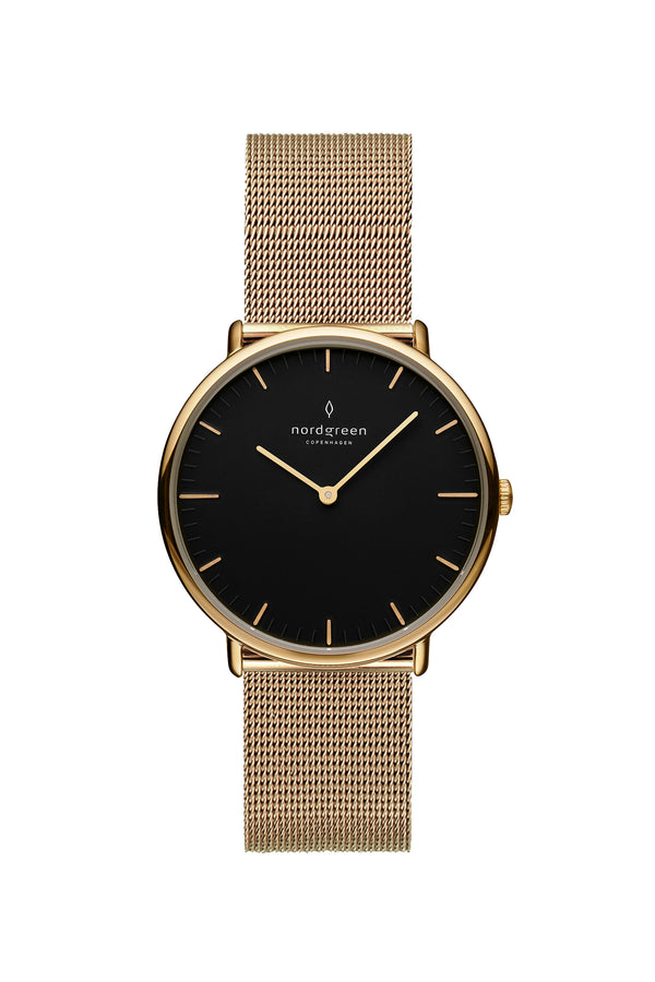 Nordgreen Native Black 32mm Dial Watch with Gold Mesh Strap