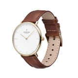 Nordgreen Native White 36mm Dial Rose Gold Watch with Brown Leather Strap