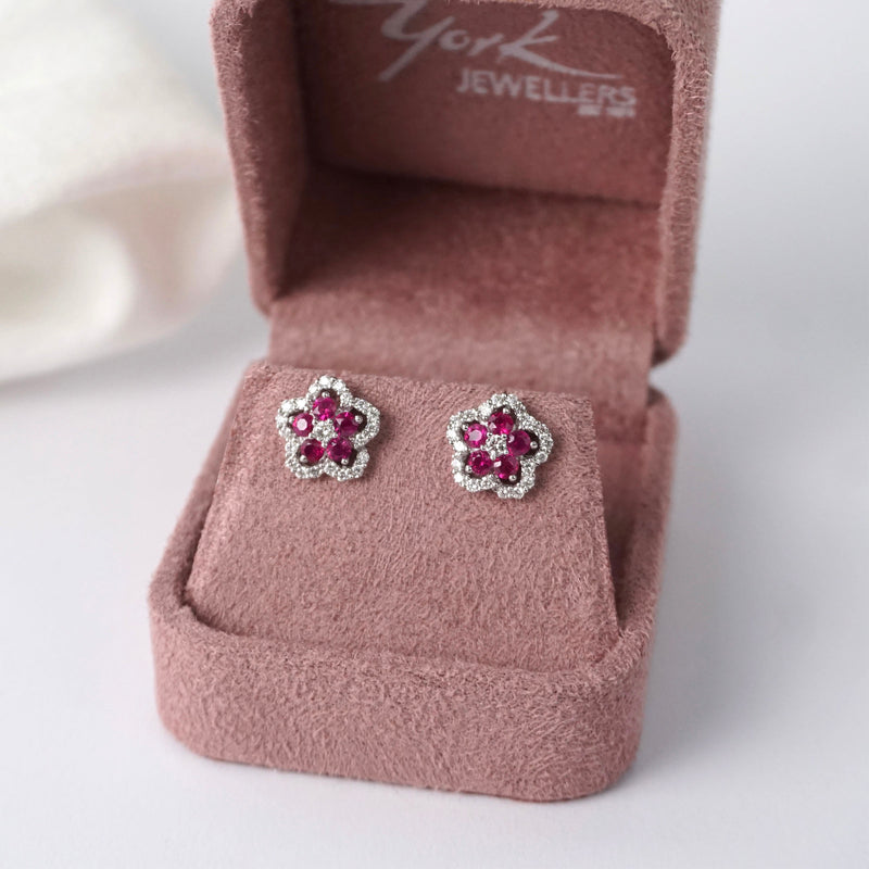 Ruby & Diamond Halo Flower Stud Earrings