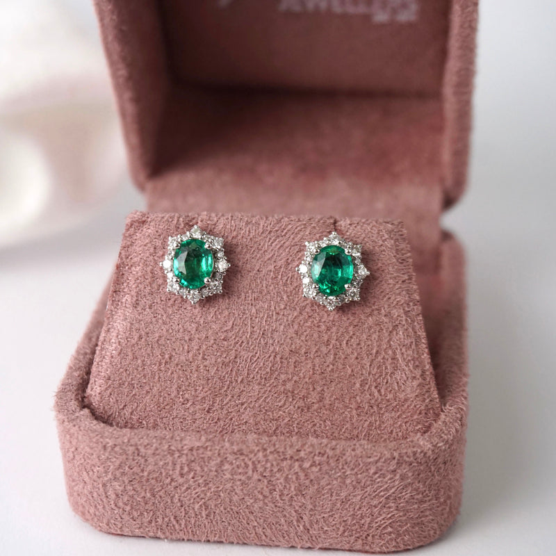 Emerald & Diamond Fancy Halo Stud Earrings