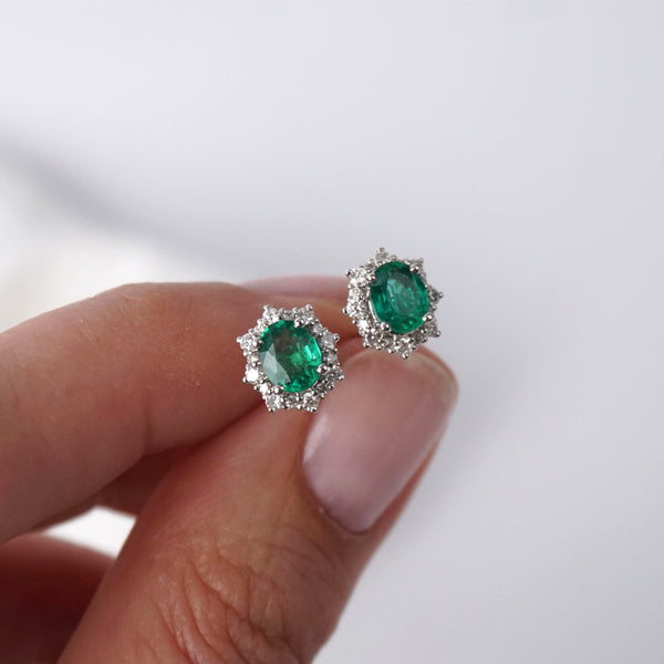 Emerald & Diamond Fancy Halo Stud Earrings