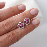 Ruby & Diamond Halo Flower Stud Earrings