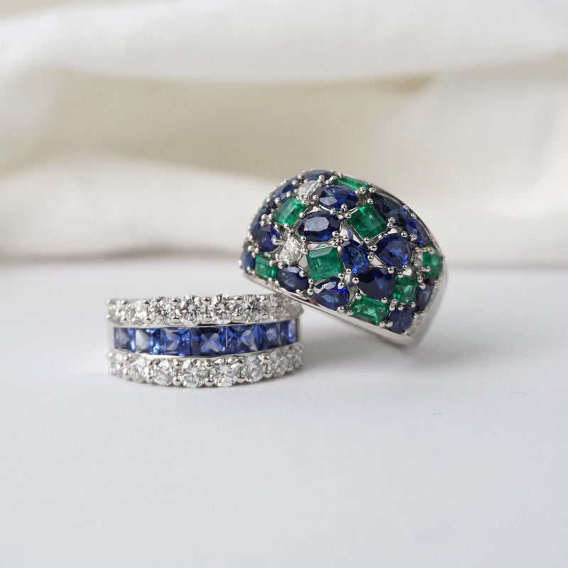Sapphire & Diamond Three Row Anniversary Ring