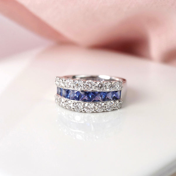 Sapphire & Diamond Three Row Anniversary Ring