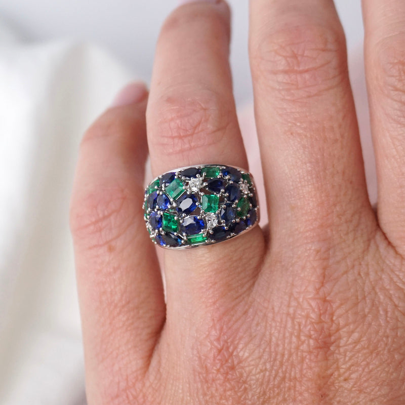 Natural Sapphire, Emerald & Diamond Dress Ring