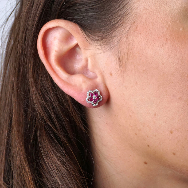 Ruby & Diamond Halo Flower Stud Earrings