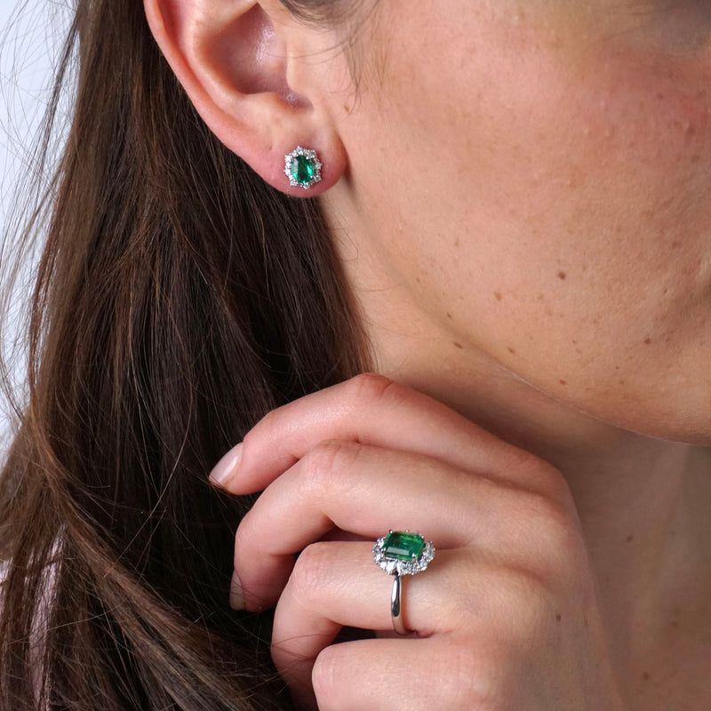Emerald & Diamond Fancy Halo Stud Earrings