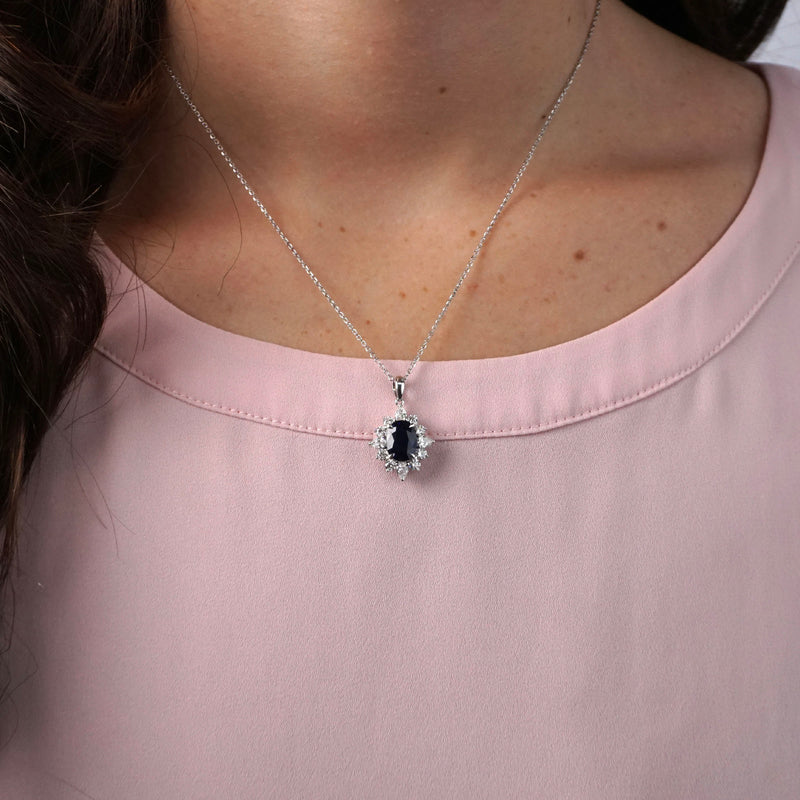 Natural Blue Sapphire & Diamond Fancy Halo Pendant