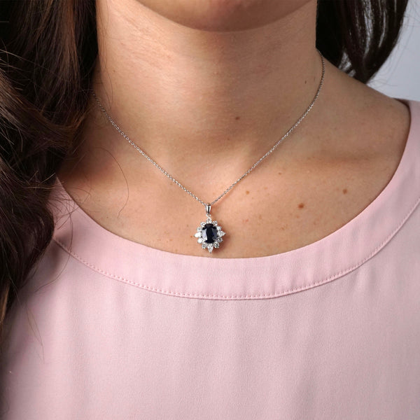 Natural Blue Sapphire & Diamond Fancy Halo Pendant