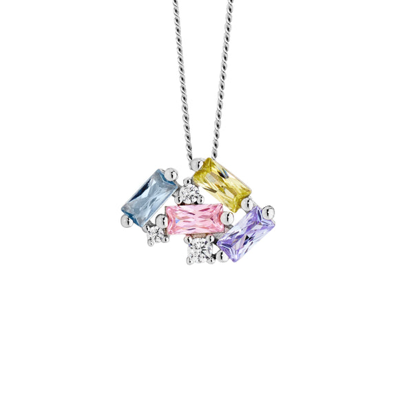 Sterling Silver Staggered Round & Baguette Pastel Colour Cubic Zirconia Pendant with Chain