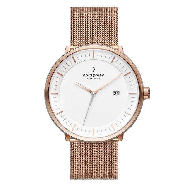 Nordgreen Philospher White 36mm Dial with Rose Gold Mesh Strap