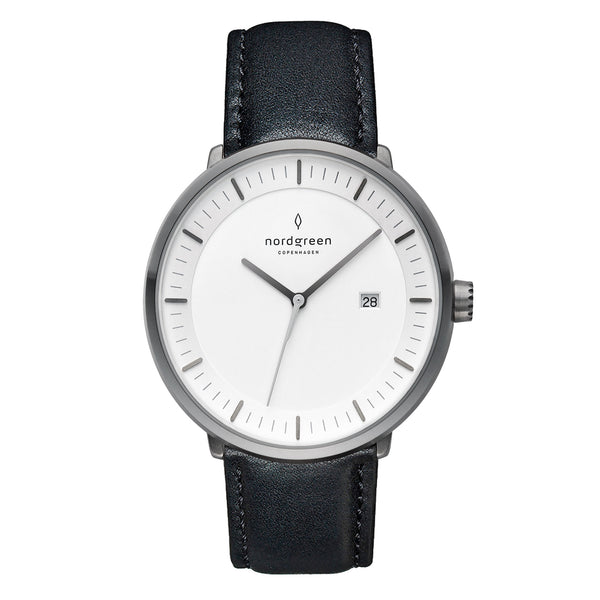 Nordgreen Philosopher White 40mm Dial Gun Metal Watch with Black Leather Strap