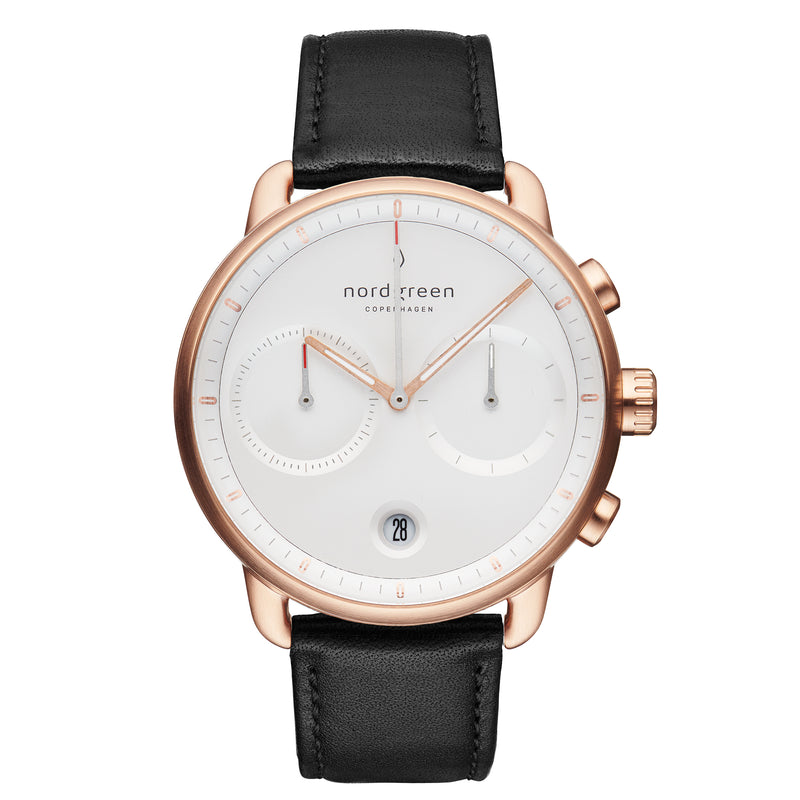 Nordgreen Pioneer Rose Gold White 42mm Dial with Black Leather Strap
