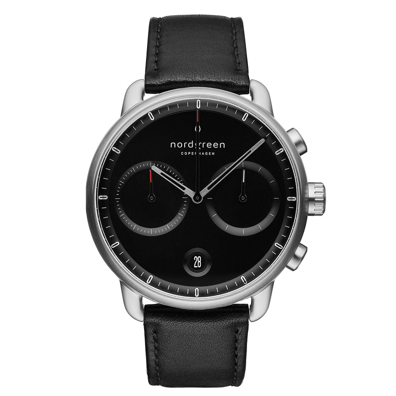 Nordgreen Pioneer Silver Black 42mm Dial with Black Leather Strap