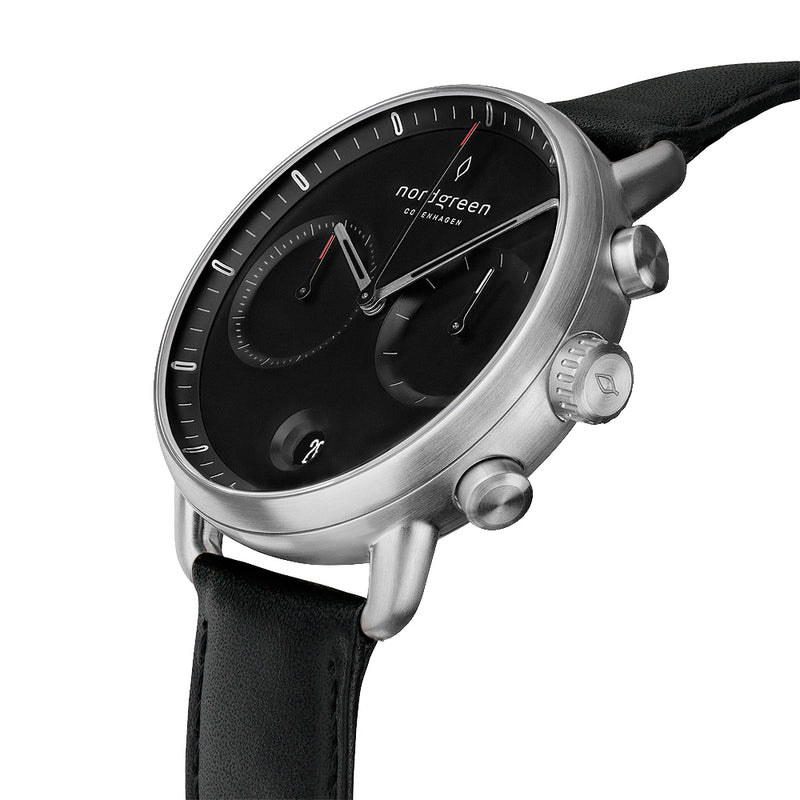 Nordgreen Pioneer Silver Black 42mm Dial with Black Leather Strap