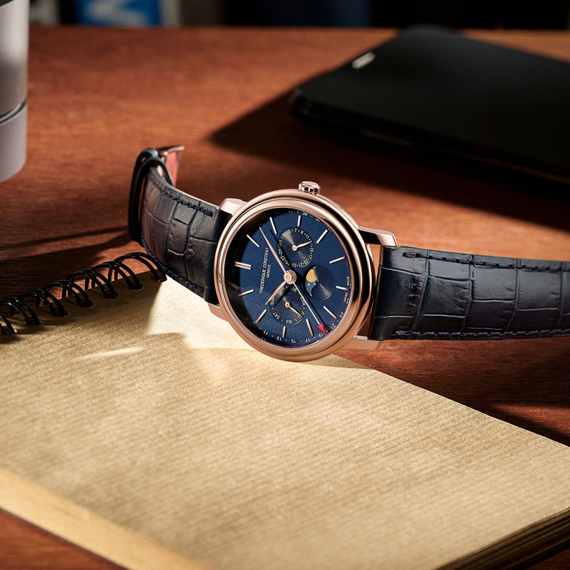 Frederique Constant Classic Index Business Timer Gents Rose Gold with Blue Dial Quartz Chronograph Watch with Blue Leather Strap