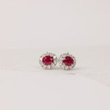 18ct White Gold Halo Stud Earrings with Natural Rubies and Diamonds