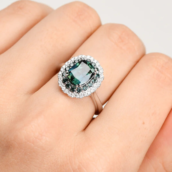 Australian Sapphire & Diamond Cushion Double Halo Ring