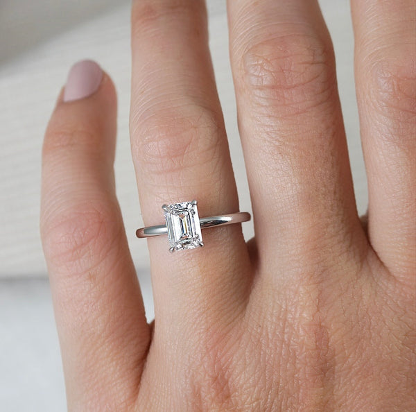 Lab Grown Emily-Emerald Cut Solitaire Diamond Engagement Ring Set in White Gold Band