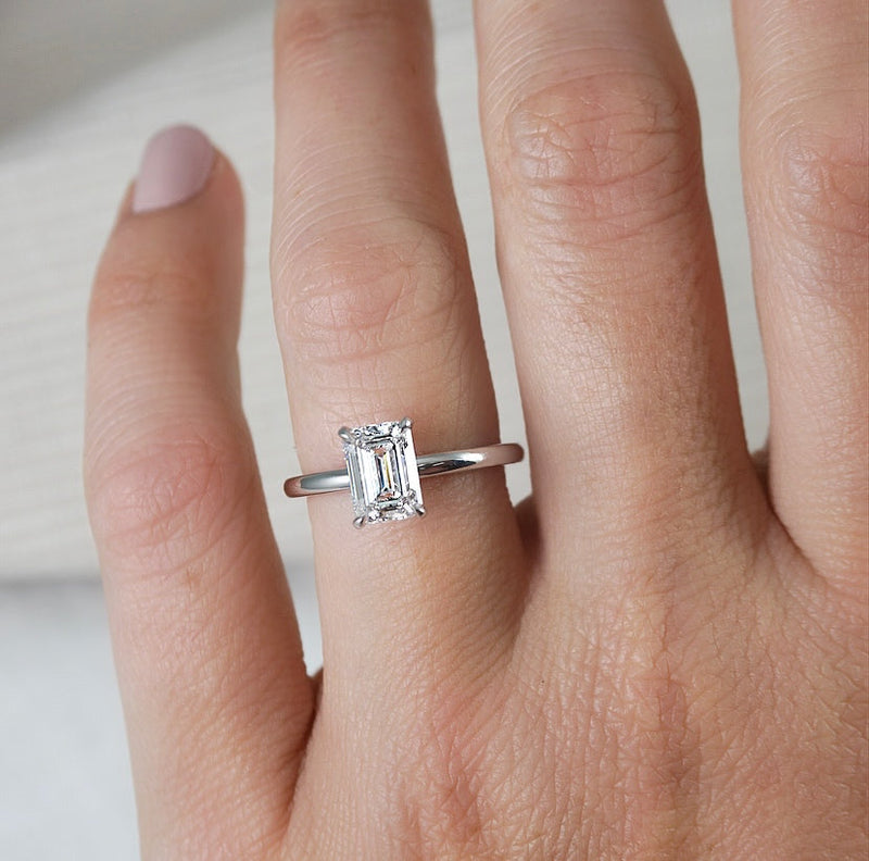 Lab Grown Emily-Emerald Cut Solitaire Diamond Engagement Ring Set in White Gold Band