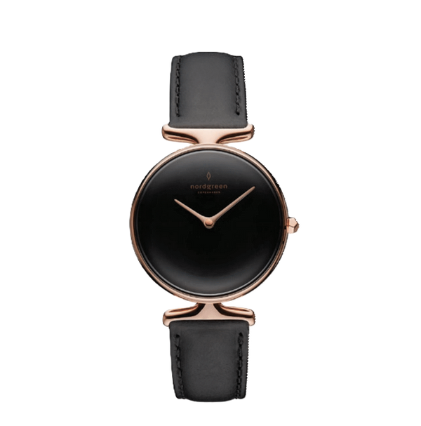 Nordgreen Unika Rose Gold Plated Case Leather Band Black Dial 32mm