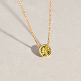 Top profile of 9ct yellow gold Adelia Necklace showing the bezel setting and delicate chain, available at Sydney fine jewellers, York Jewellers.