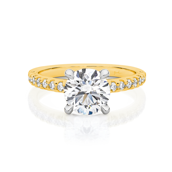 Angelina-Yellow Gold-Round Brilliant Cut Four Claw Set Diamond Engagement Ring with Diamond Set Band