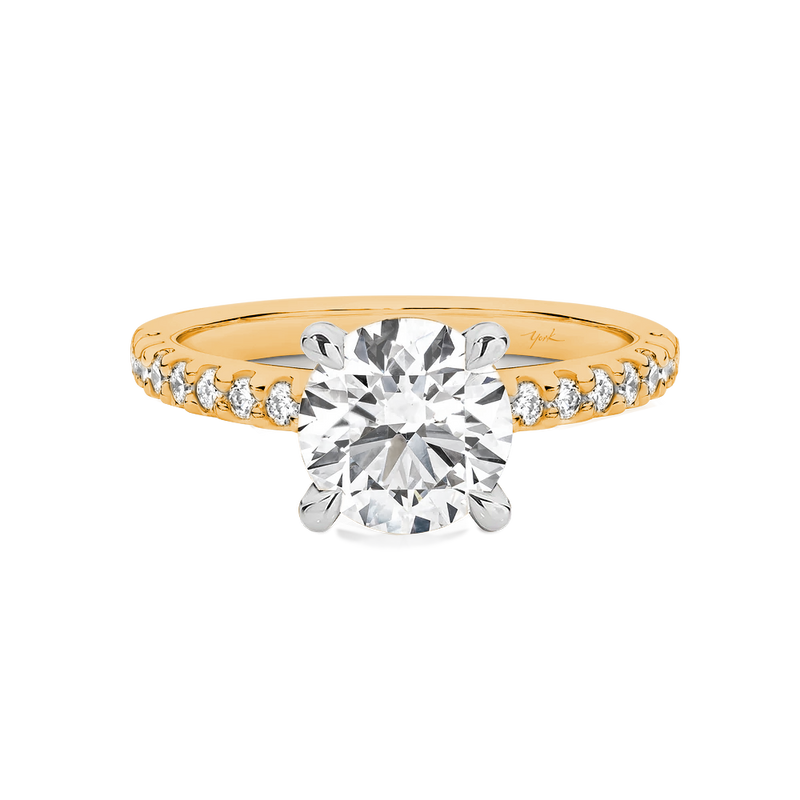 Angelina-Yellow Gold-Round Brilliant Cut Four Claw Set Diamond Engagement Ring with Diamond Set Band