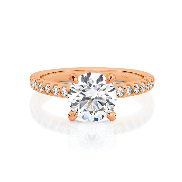 Angelina-Rose Gold-Round Brilliant Cut Four Claw Set Diamond Engagement Ring with Diamond Set Band