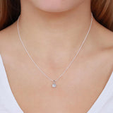 9K white gold aquamarine and diamond halo pendant worn at the collarbone showing sky blue colour and diamond sparkle. Available at York Jewellers Penrith.