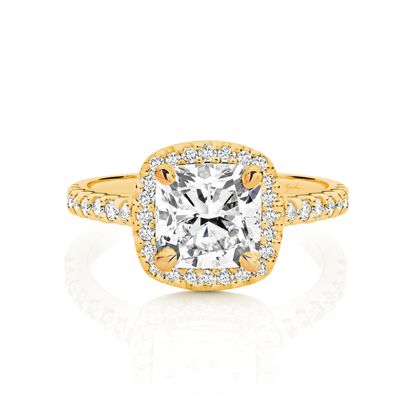 Claire-Yellow Gold-Cushion Cut Diamond Halo Engagement Ring with Diamond Set Band