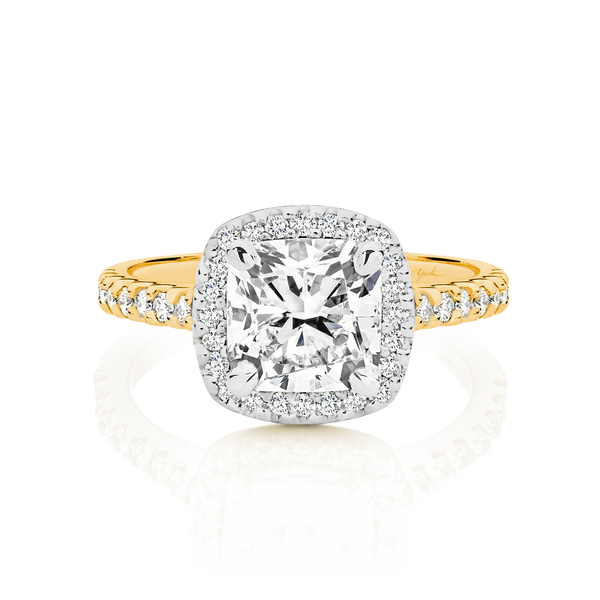 Claire-Yellow Gold-Cushion Cut Diamond Halo Engagement Ring with Diamond Set Band