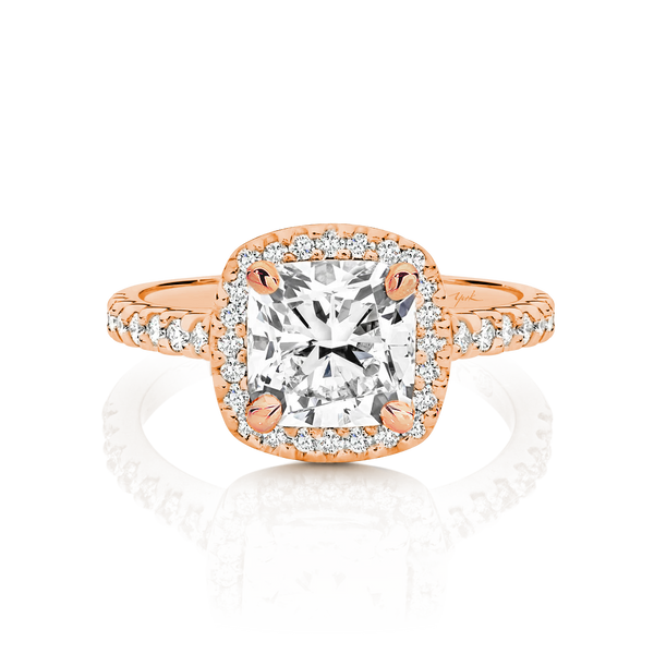 Claire-Rose Gold-Cushion Cut Diamond Halo Engagement Ring with Diamond Set Band