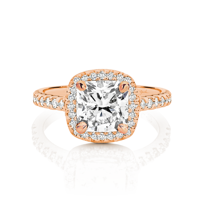 Claire-Rose Gold-Cushion Cut Diamond Halo Engagement Ring with Diamond Set Band