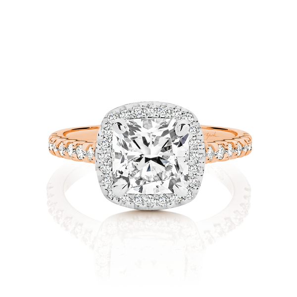 Claire-Rose Gold-Cushion Cut Diamond Halo Engagement Ring with Diamond Set Band