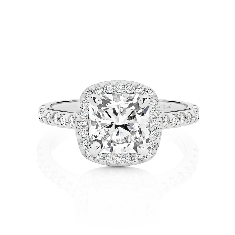 Claire-White Gold-Cushion Cut Diamond Halo Engagement Ring with Diamond Set Band