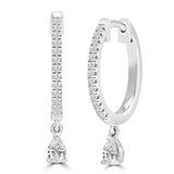 Close-up of 9ct white gold huggie drop earrings showcasing 28 diamonds set across the huggie and drop, available at York Jewellers Penrith.