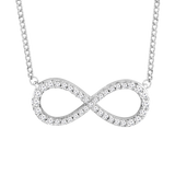 Close-up of 9ct white gold infinity necklace showcasing 39 diamonds set edge to edge, available at York Jewellers Penrith.