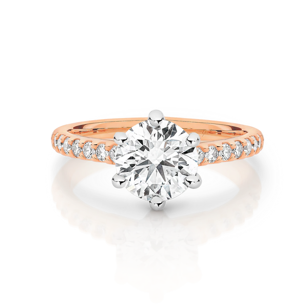 Gabriela-Rose Gold-Round Brilliant Cut Six Claw Set Diamond Engagement Ring with Diamond Set Band