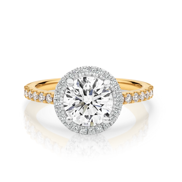 Laura-Yellow Gold-Round Brilliant Cut Diamond Halo Engagement Ring with Diamond Set Band