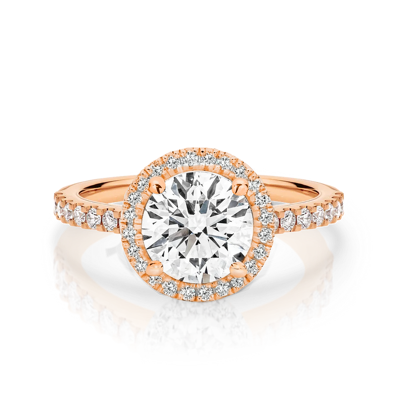 Laura-Rose Gold-Round Brilliant Cut Diamond Halo Engagement Ring with Diamond Set Band