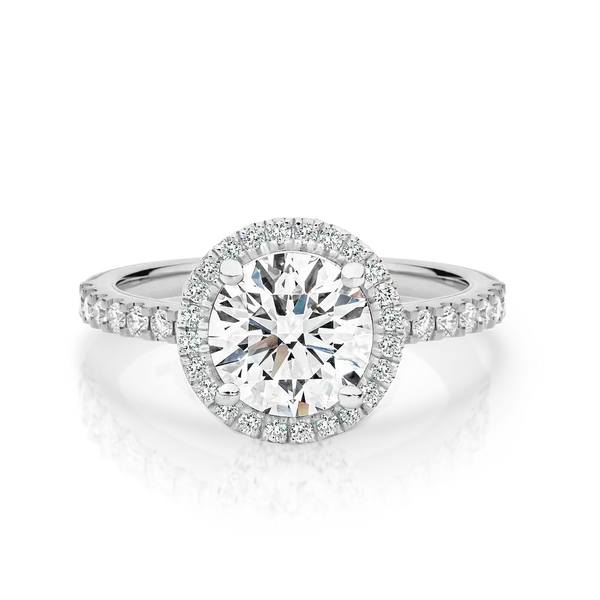 Laura-White Gold-Round Brilliant Cut Diamond Halo Engagement Ring with Diamond Set Band