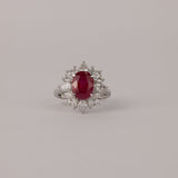 Top side of luxury 18ct white gold ruby and diamond flower style ring, available at York Jewellers Penrith.