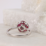 Underside of luxury 18ct white gold ruby and diamond statement ring with floral gemstone arrangement, available at York Jewellers Penrith. 
